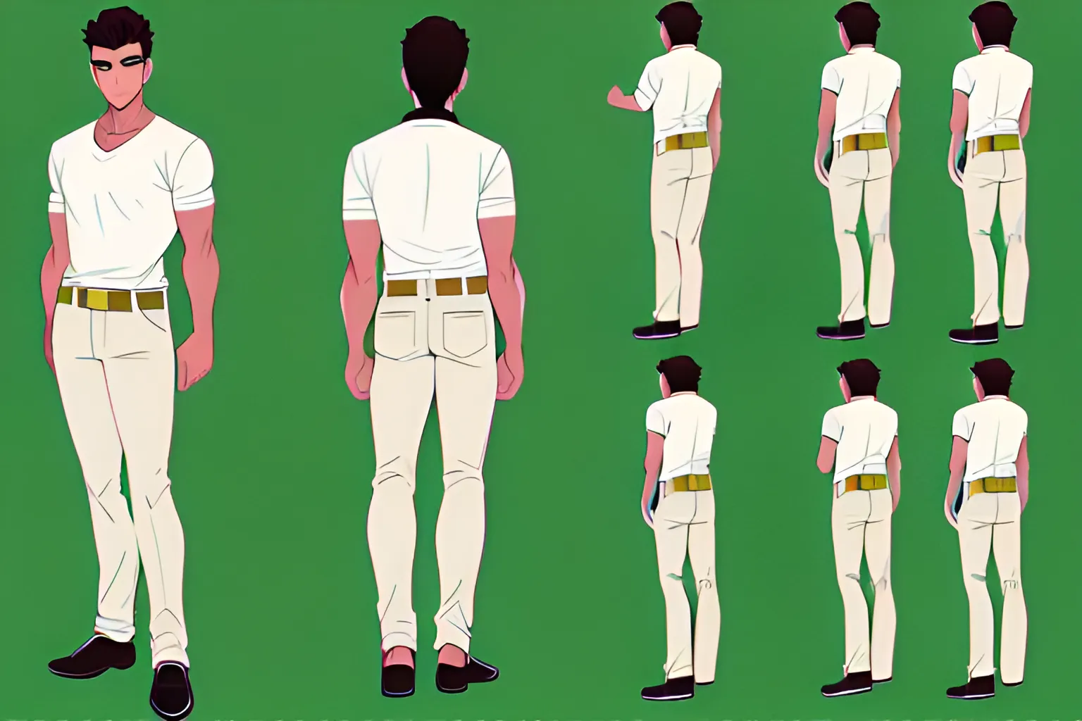 olive skin man in  casualwear fullbody model sheet front side back , japanese anime